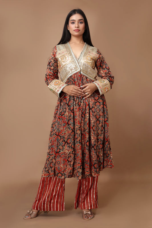 Arbi Red Ajrakh Jacket Set with Hand Embroidered Gota Patti.