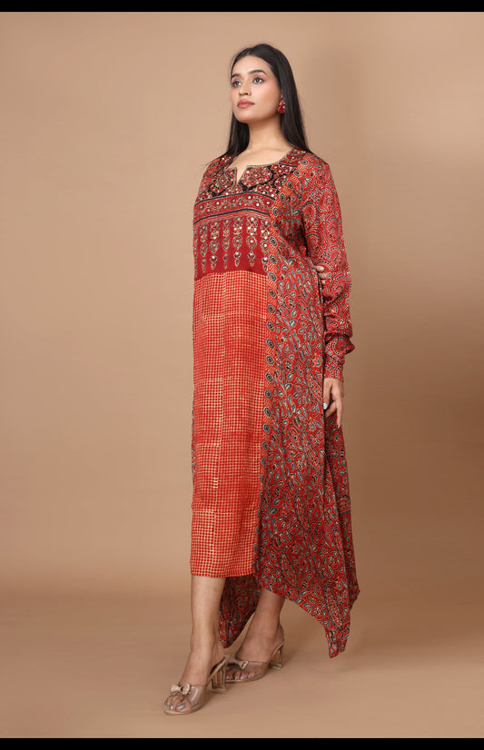 Ajrakh Handcrafted Dress with Hand Embroidery