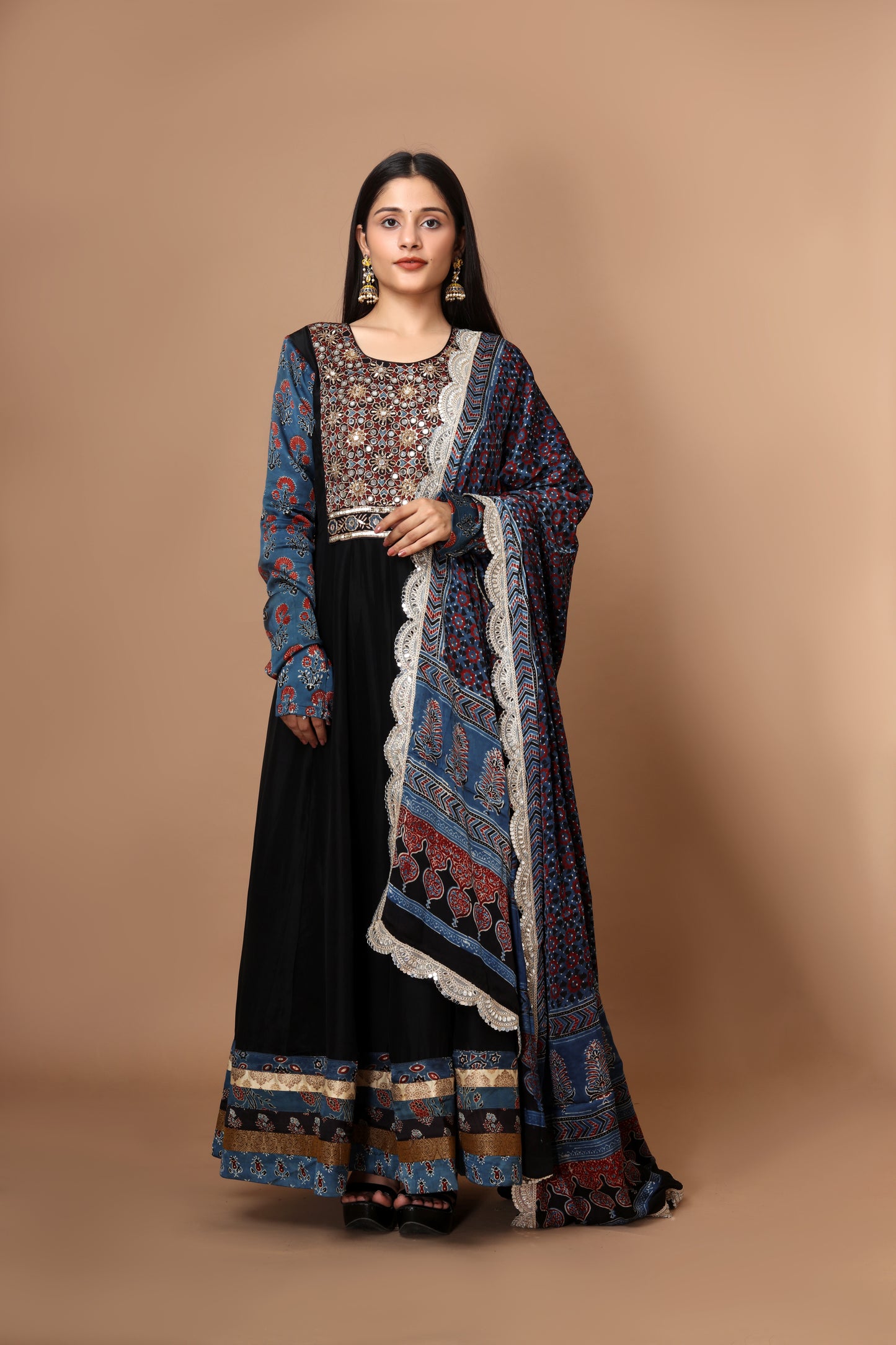 Black Silk Anarkali Gown with Ajrakh Embroidery & Hand Block Printed Dupatta