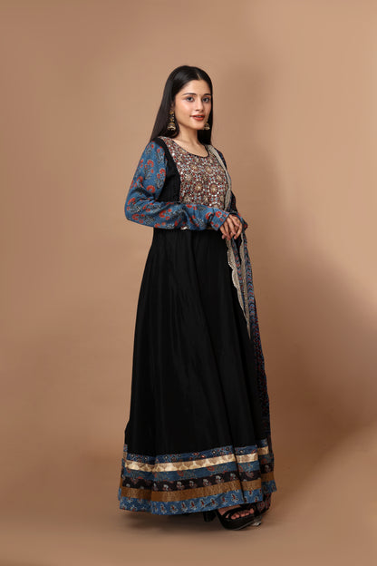 Black Silk Anarkali Gown with Ajrakh Embroidery & Hand Block Printed Dupatta