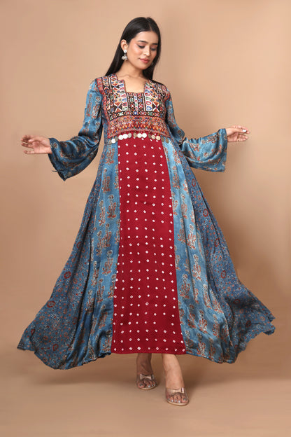 Handcrafted Modal Silk Dress with Ajrakh, Bandhani, and Vintage Kutchi Patchwork