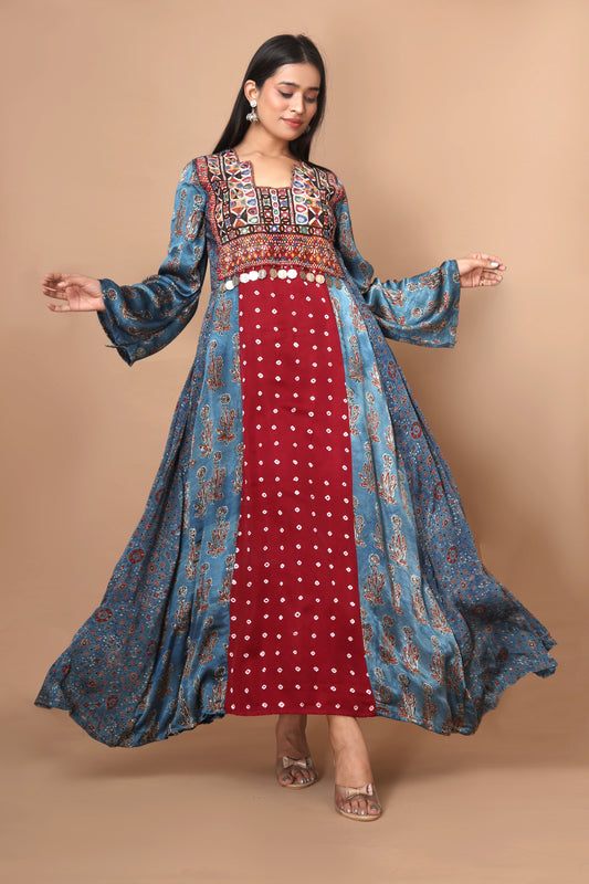 Handcrafted Modal Silk Dress with Ajrakh, Bandhani, and Vintage Katchi Patchwork