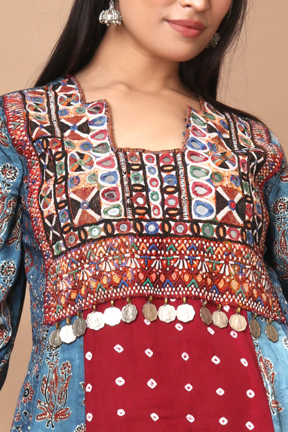 Handcrafted Modal Silk Dress with Ajrakh, Bandhani, and Vintage Kutchi Patchwork