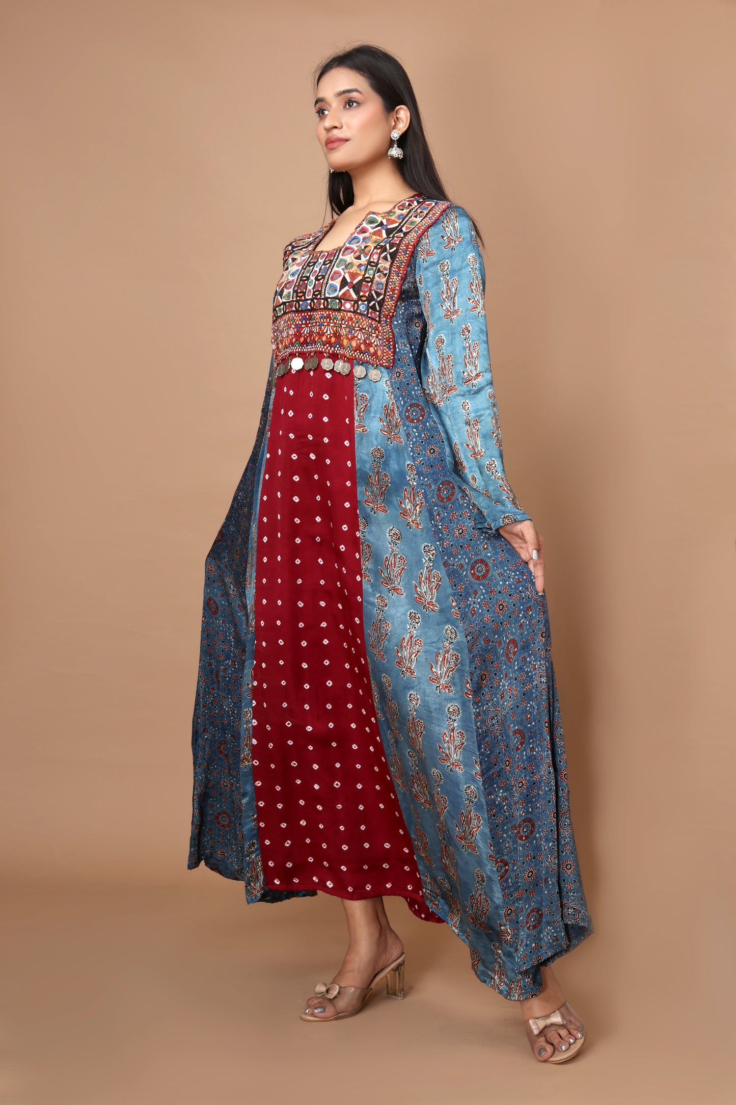 Handcrafted Modal Silk Dress with Ajrakh, Bandhani, and Vintage Katchi Patchwork