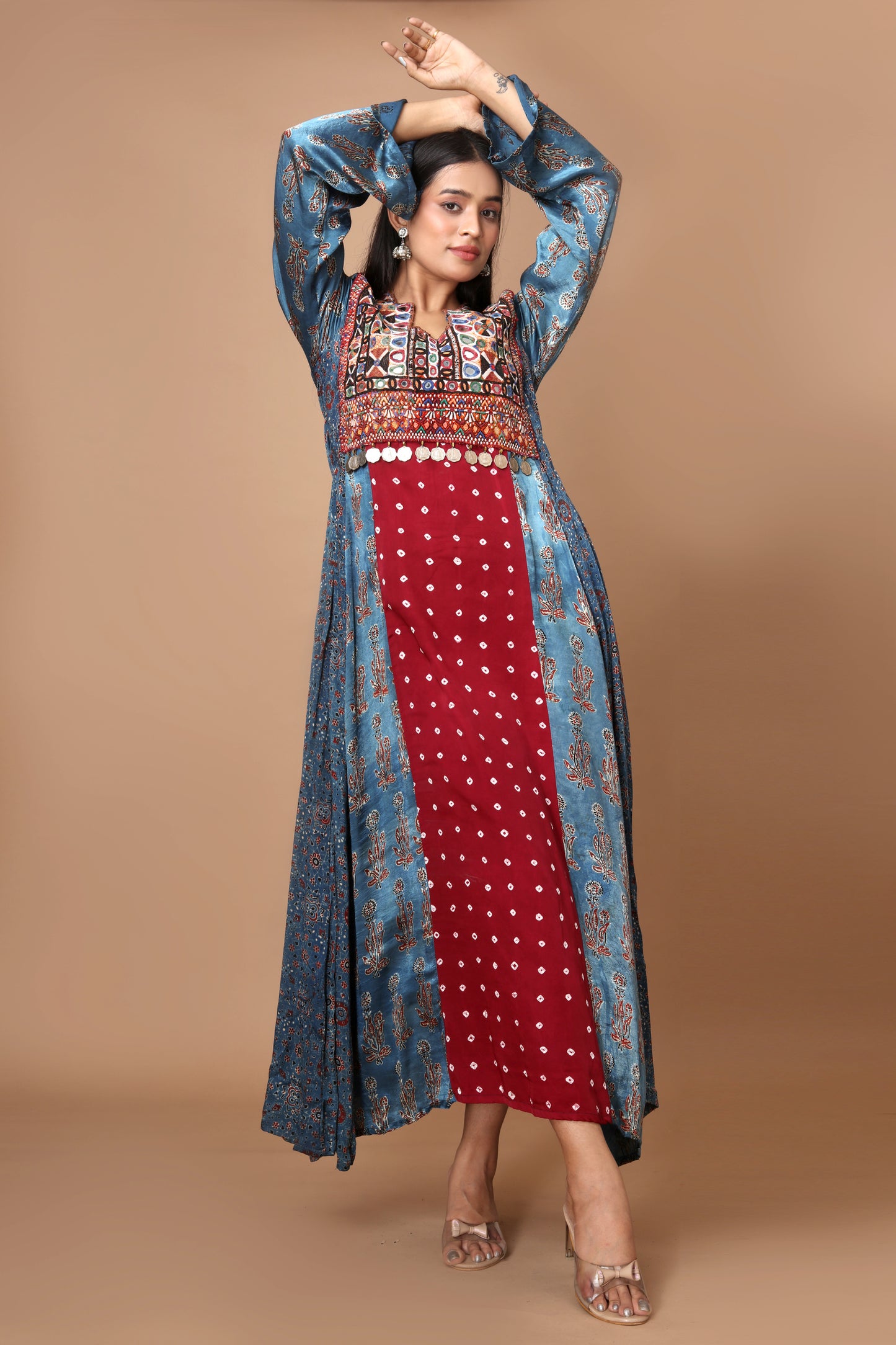 Handcrafted Modal Silk Dress with Ajrakh, Bandhani, and Vintage Katchi Patchwork