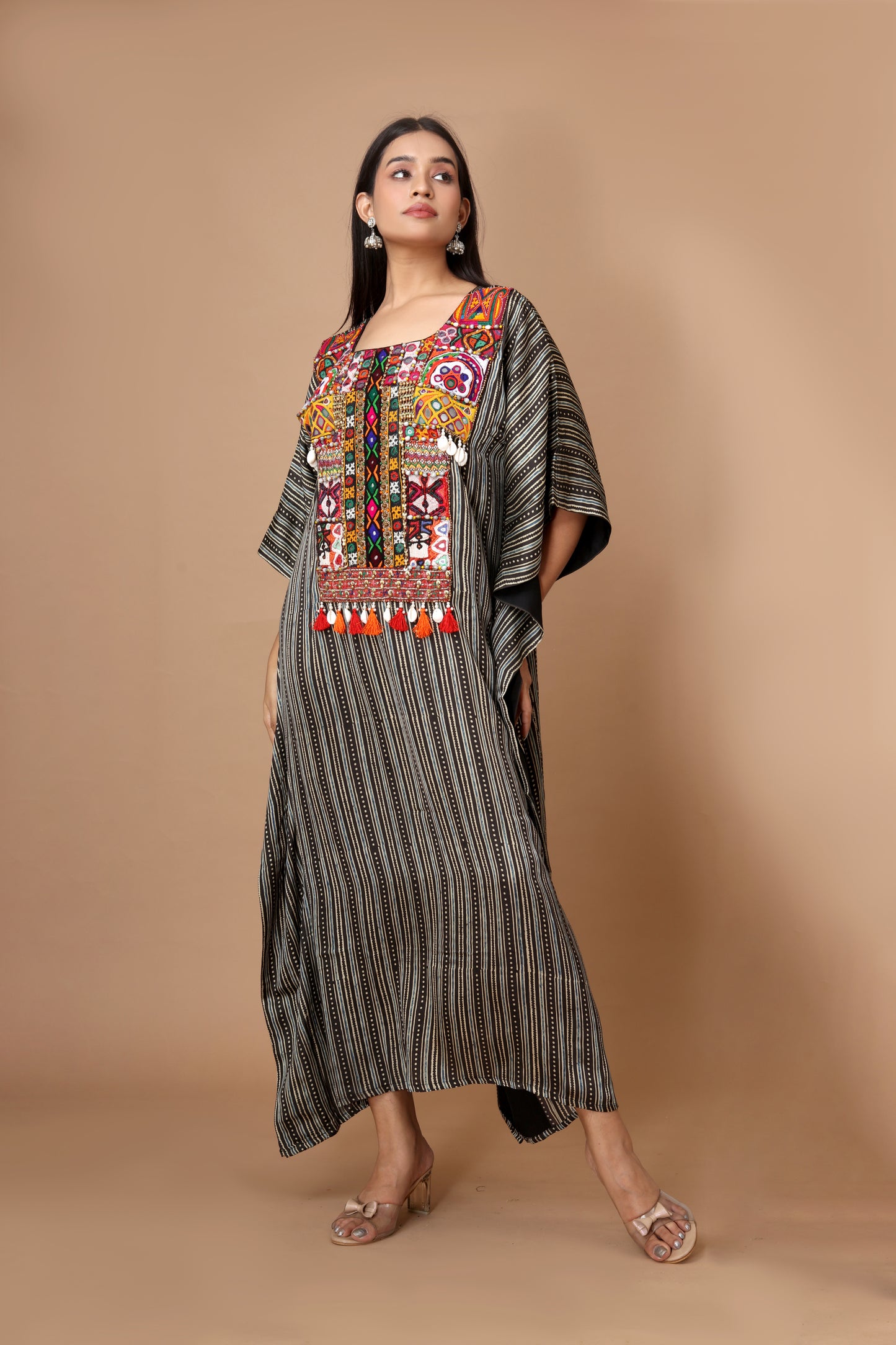 Modal Silk Kaftan with Hand Block Printed Ajrakh and Vintage Kutchi Patchwork