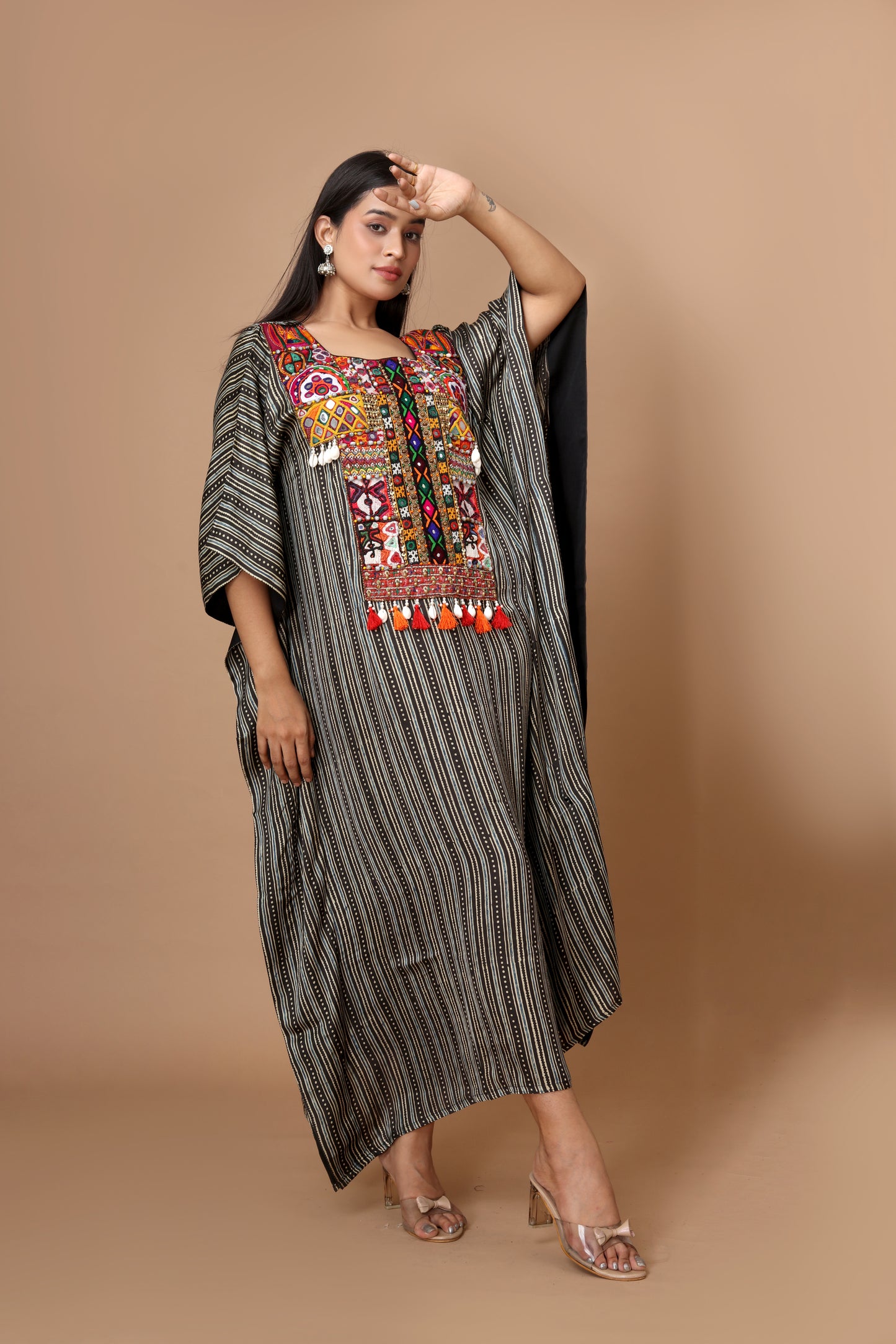 Modal Silk Kaftan with Hand Block Printed Ajrakh and Vintage Kutchi Patchwork