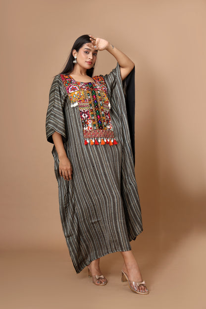 Modal Silk Kaftan with Hand Block Printed Ajrakh and Vintage Kutchi Patchwork