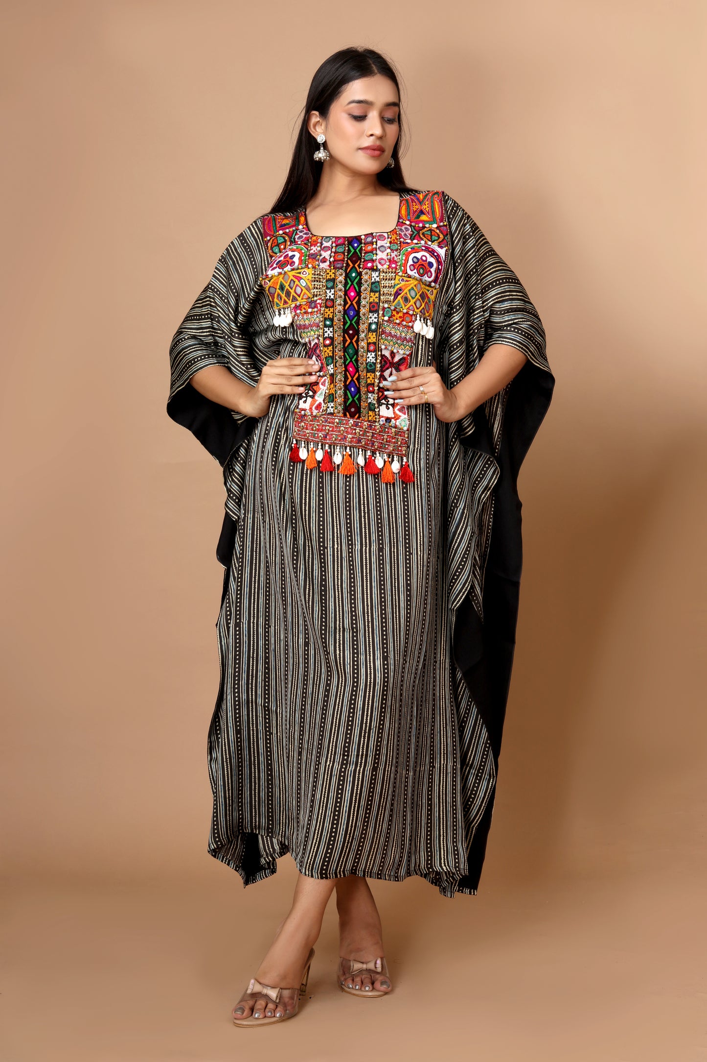 Modal Silk Kaftan with Hand Block Printed Ajrakh and Vintage Kutchi Patchwork