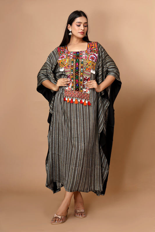 Modal Silk Kaftan with Hand Block Printed Ajrakh and Vintage Katchi Patchwork