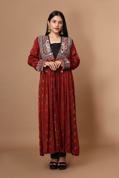 Hand Block Printed Ajrakh Modal Silk Jacket with Vintage Kutchi Patchwork