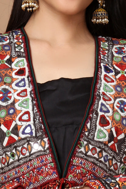 Hand Block Printed Ajrakh Modal Silk Jacket with Vintage Kutchi Patchwork