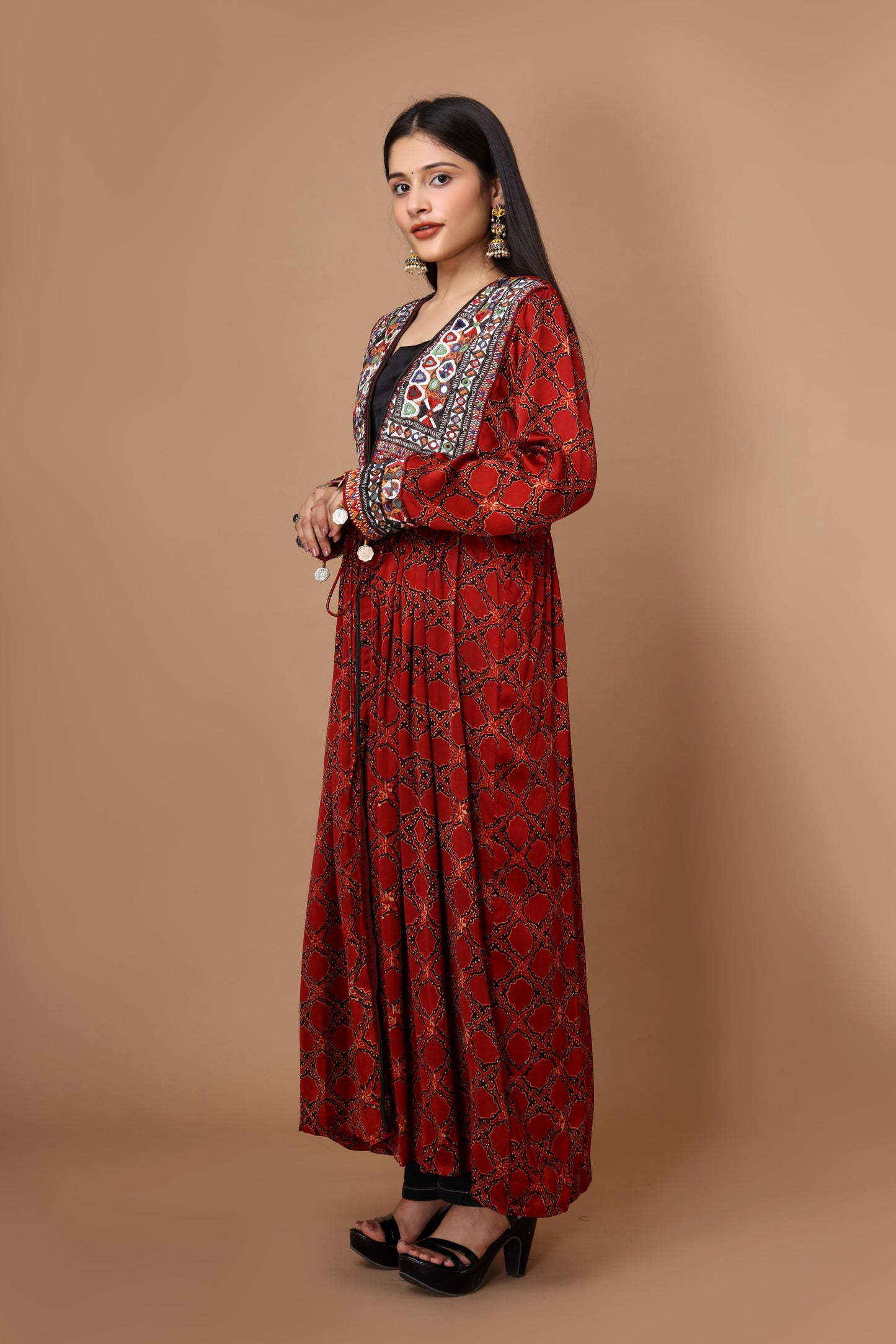 Hand Block Printed Ajrakh Modal Silk Jacket with Vintage Kutchi Patchwork