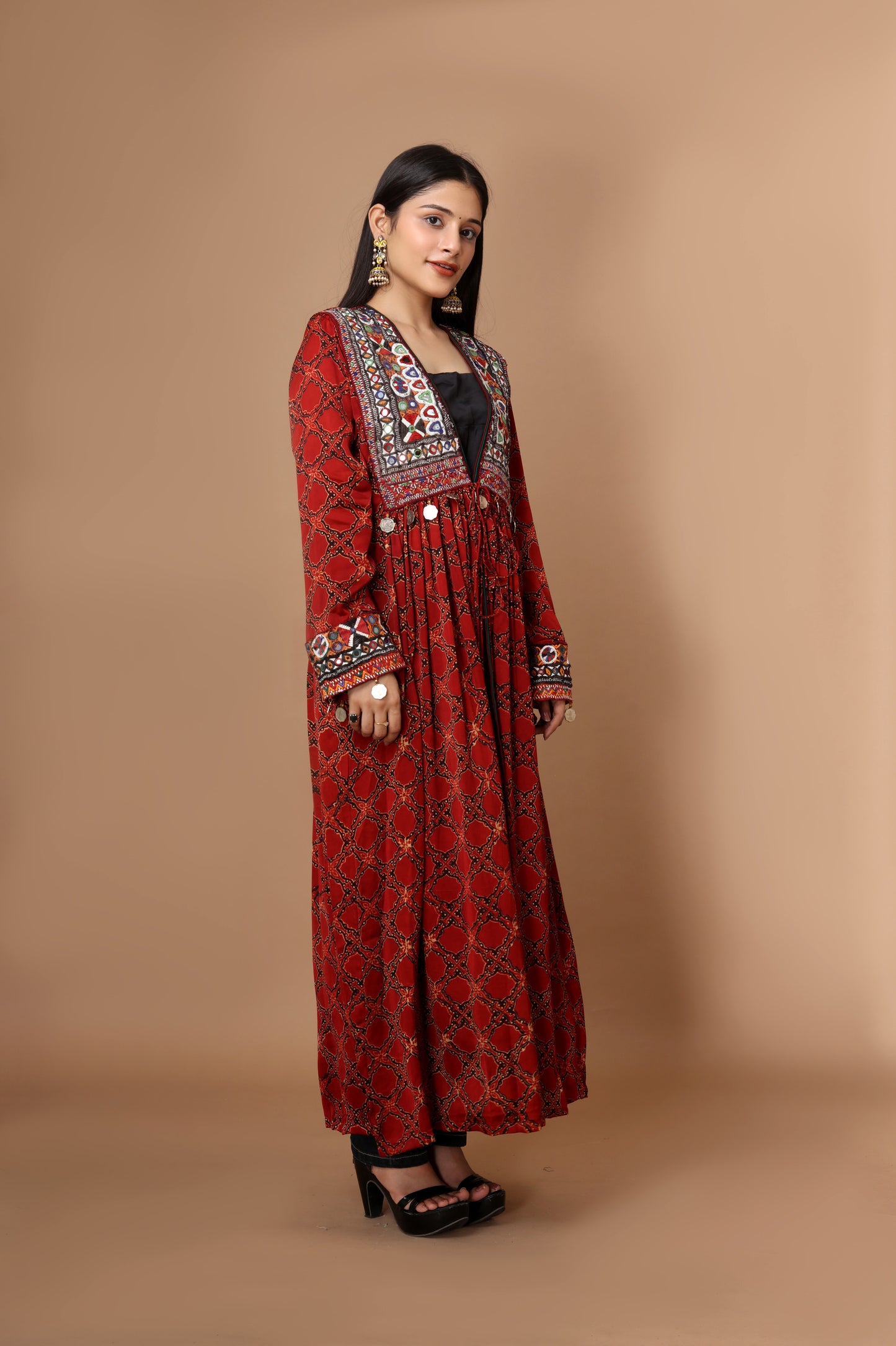 Hand Block Printed Ajrakh Modal Silk Jacket with Vintage Kutchi Patchwork