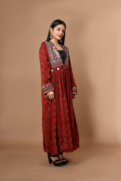 Hand Block Printed Ajrakh Modal Silk Jacket with Vintage Kutchi Patchwork