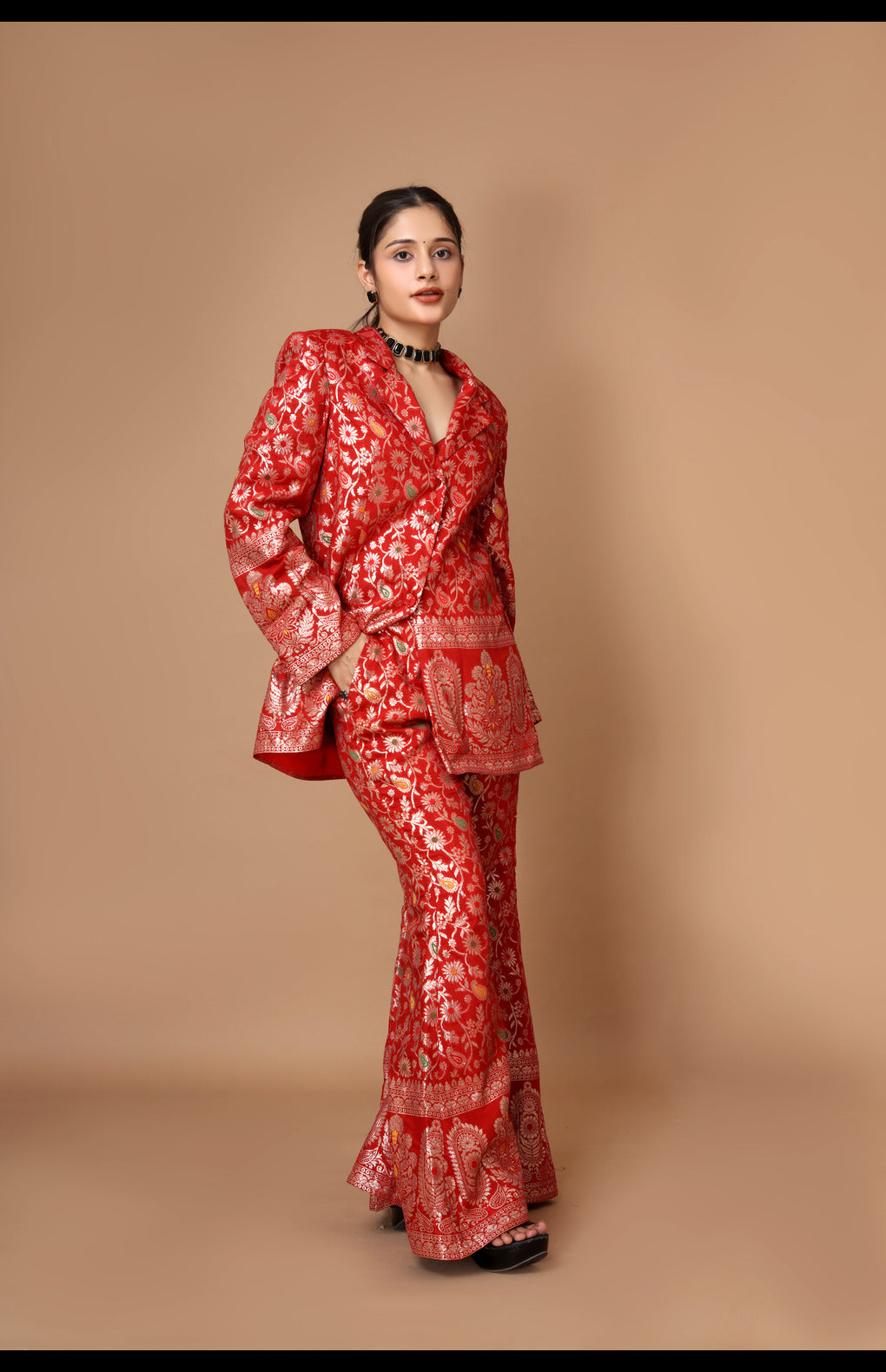 Red Zari Woven Silk Jacket & Pants Set