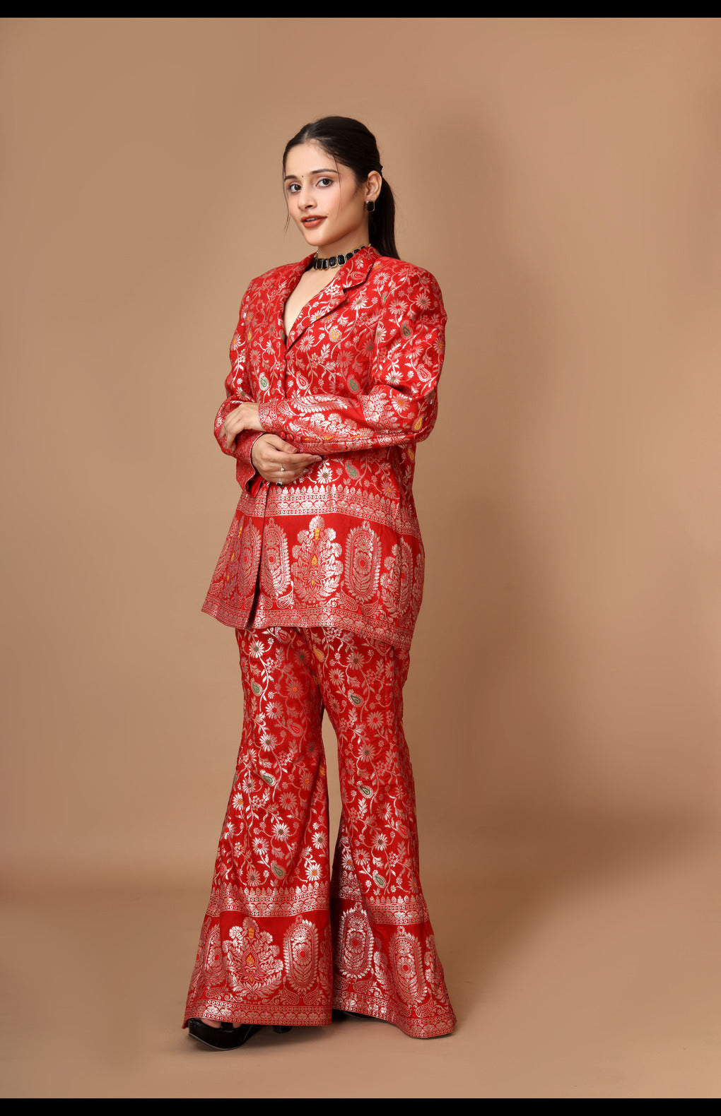 Red Zari Woven Silk Jacket & Pants Set