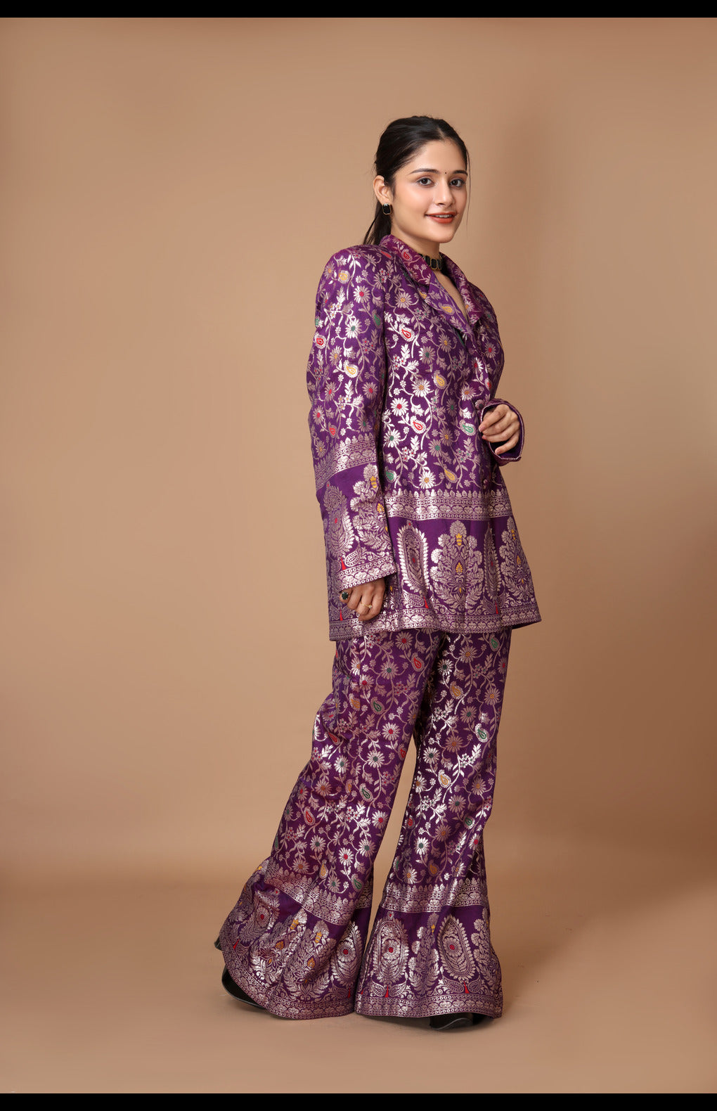 Red Zari Woven Silk Jacket & Pants Set