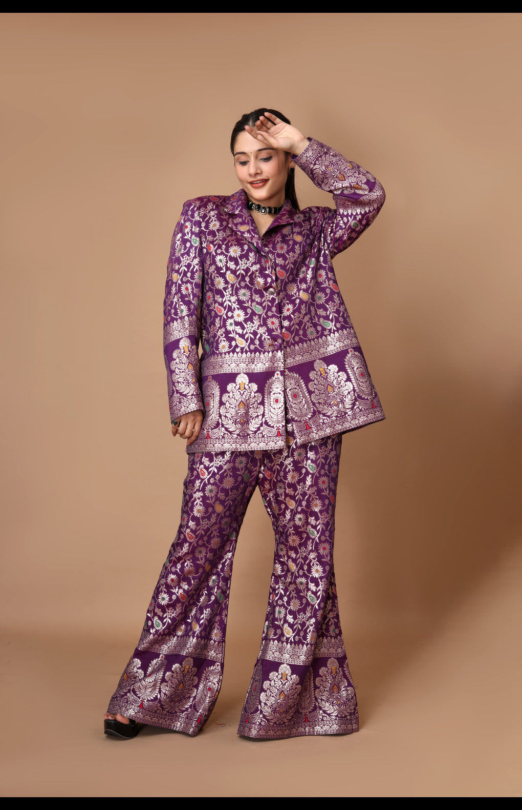 Red Zari Woven Silk Jacket & Pants Set