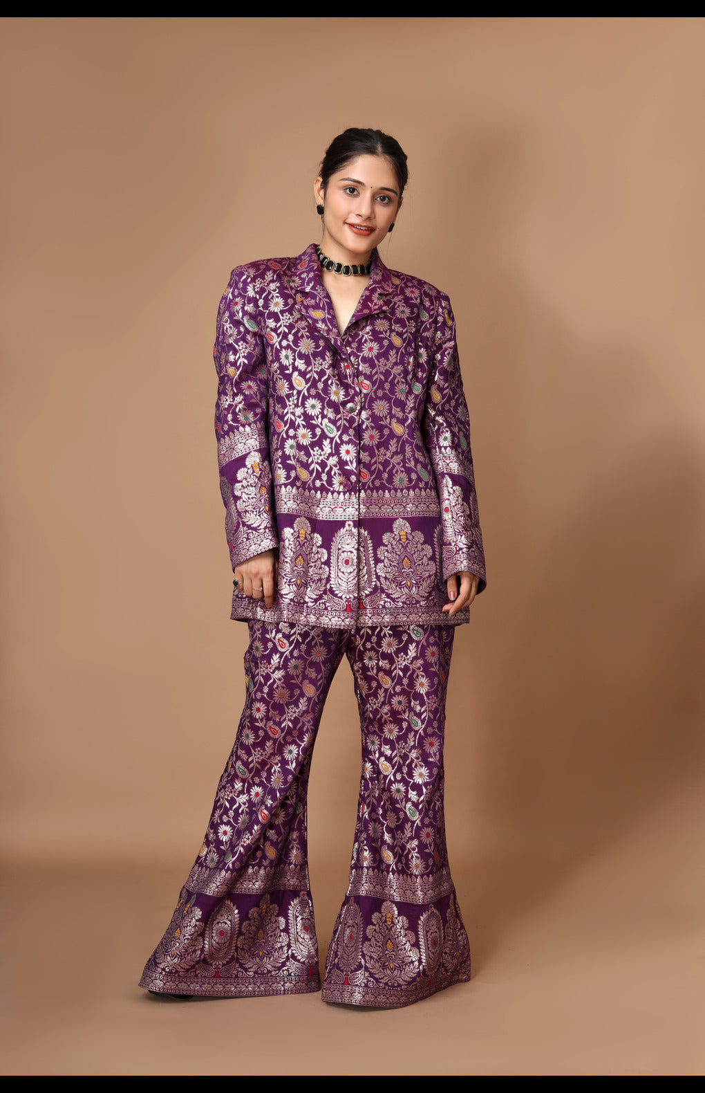 Red Zari Woven Silk Jacket & Pants Set