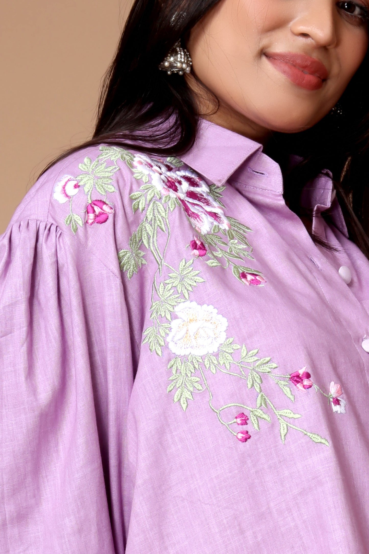 Embroidered Cotton Linen Tunic in Mauve