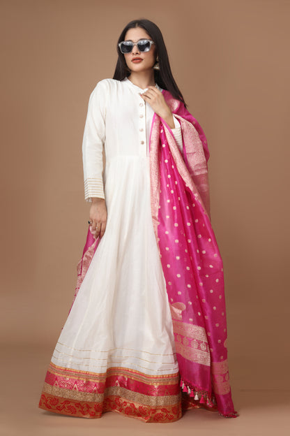 Chanderi Silk Anarkali Gown with Rani Pink Banarasi Dupatta