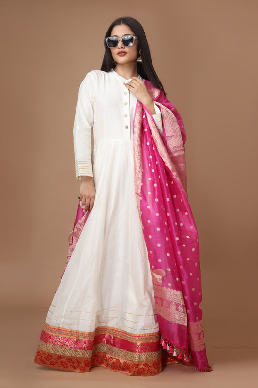 Chanderi Silk Anarkali Gown with Rani Pink Banarasi Dupatta