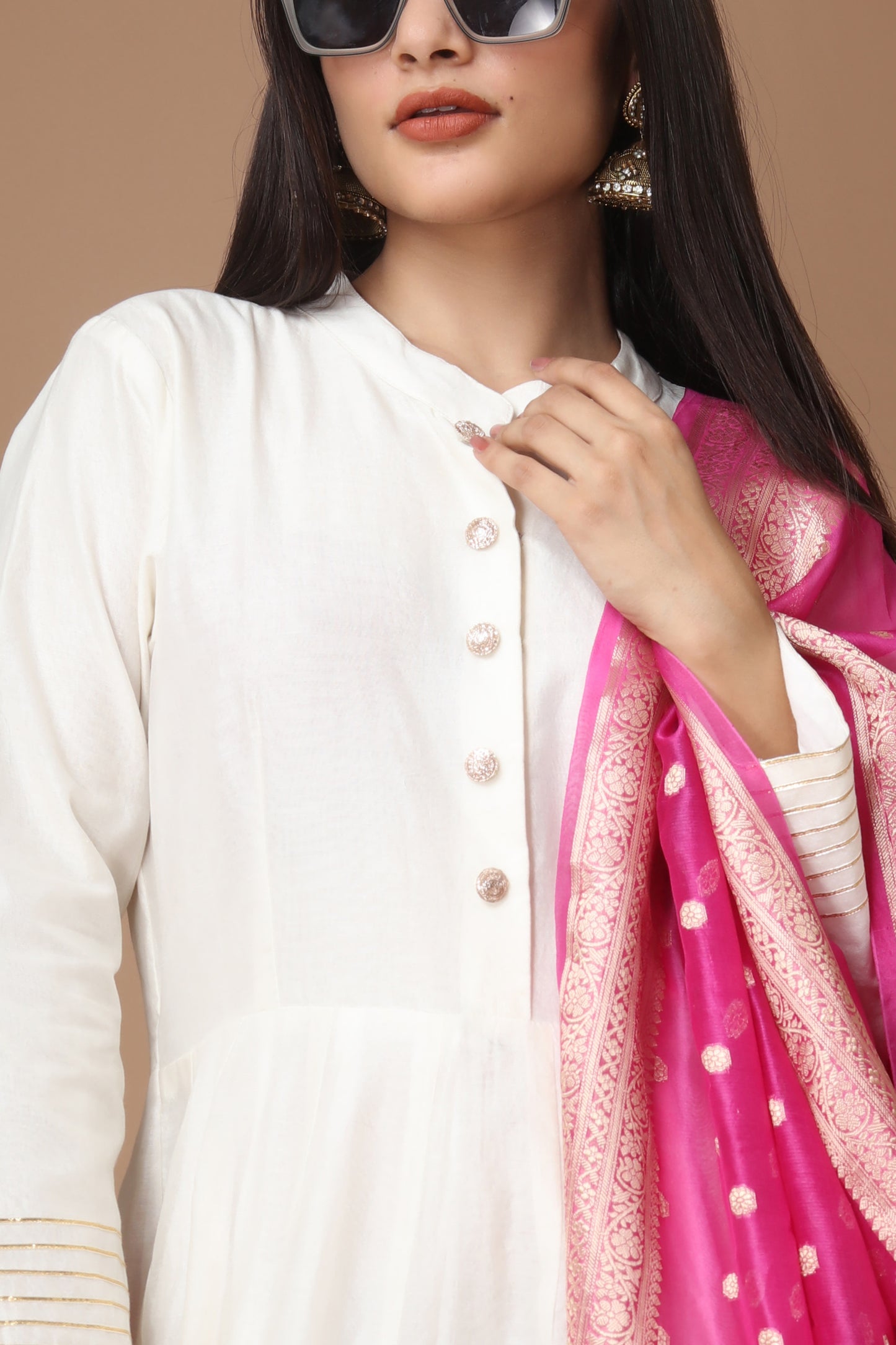 Chanderi Silk Anarkali Gown with Rani Pink Banarasi Dupatta