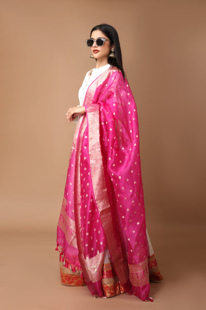 Chanderi Silk Anarkali Gown with Rani Pink Banarasi Dupatta