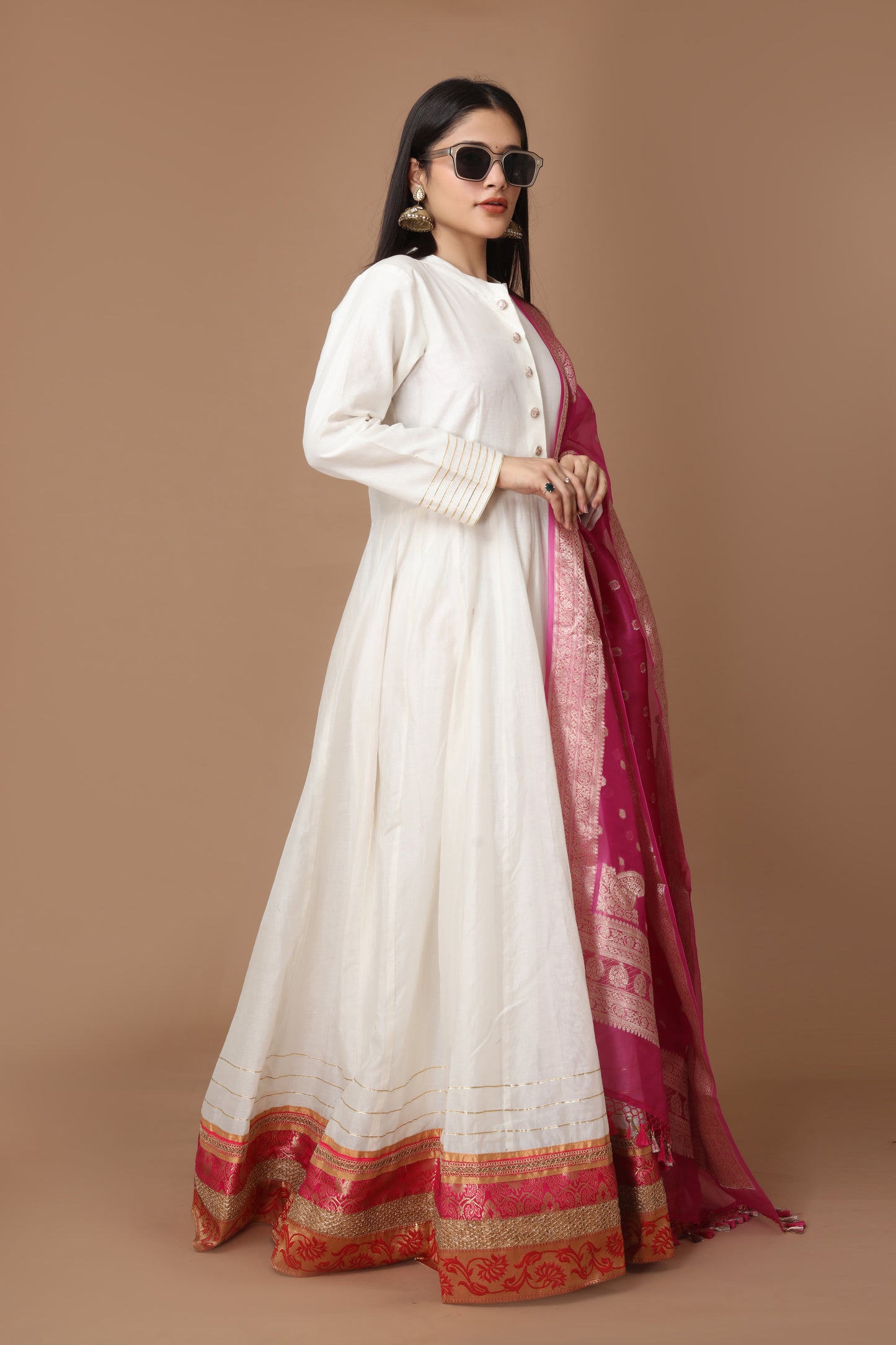 Chanderi Silk Anarkali Gown with Rani Pink Banarasi Dupatta