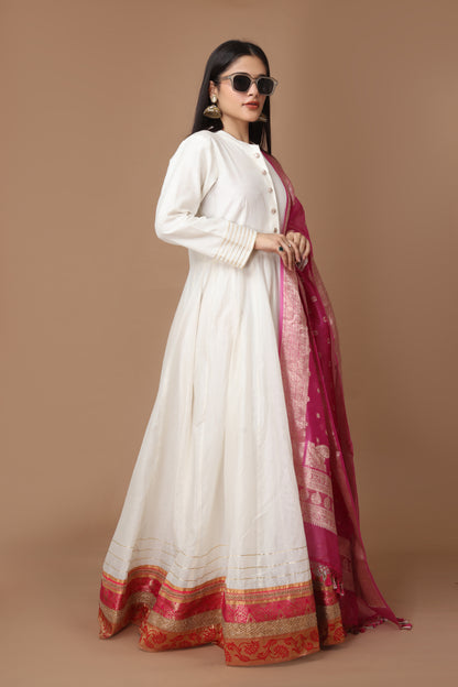 Chanderi Silk Anarkali Gown with Rani Pink Banarasi Dupatta