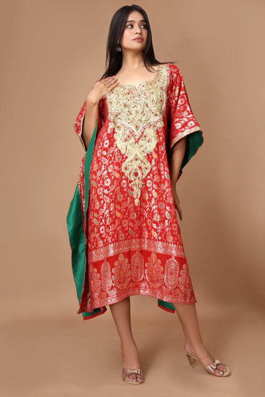 Red Banarasi Dola Silk Kaftan with Zari Dori & Zardosi Embroidery