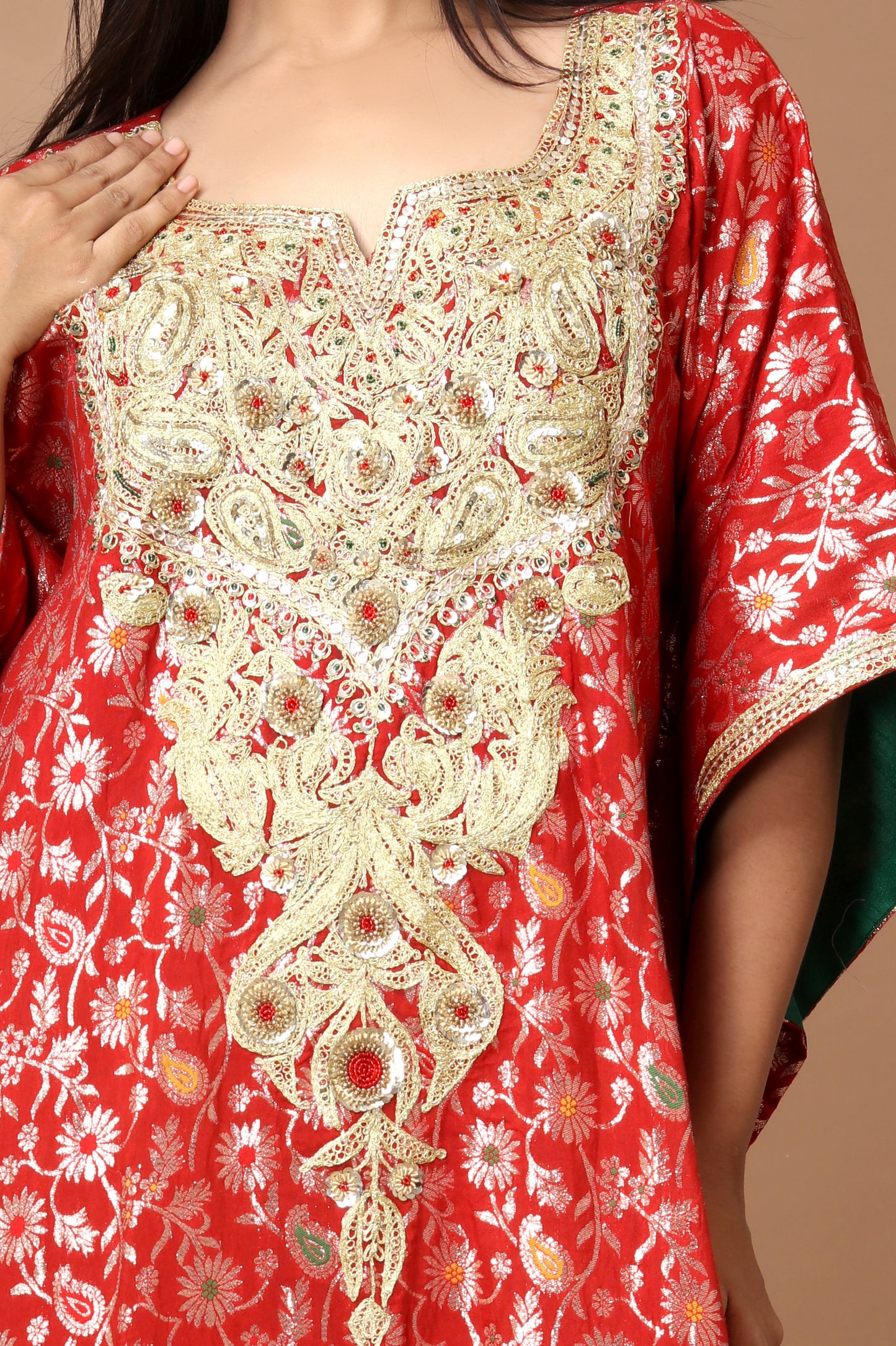 Red Banarasi Dola Silk Kaftan with Zari Dori & Zardosi Embroidery