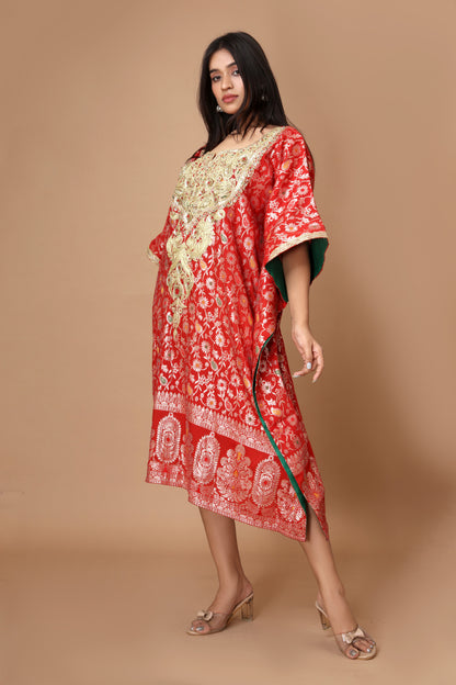 Red Banarasi Dola Silk Kaftan with Zari Dori & Zardosi Embroidery