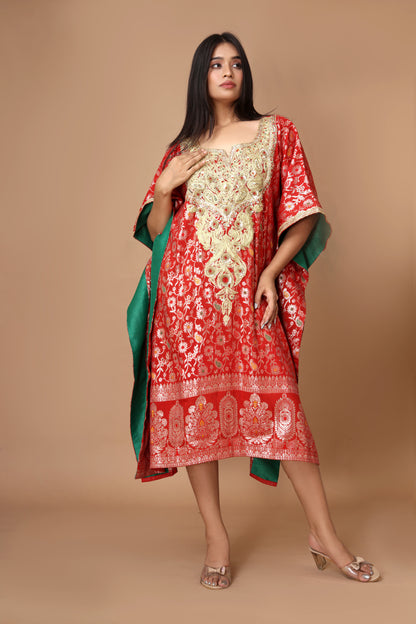 Red Banarasi Dola Silk Kaftan with Zari Dori & Zardosi Embroidery