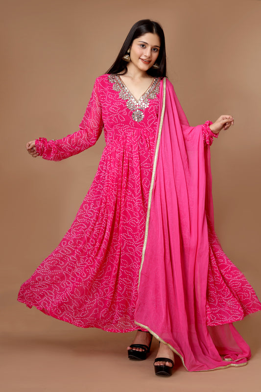 Hand-Embroidered Fuchsia Pink Anarkali with Crepe Churidar & Siffon Dupatta