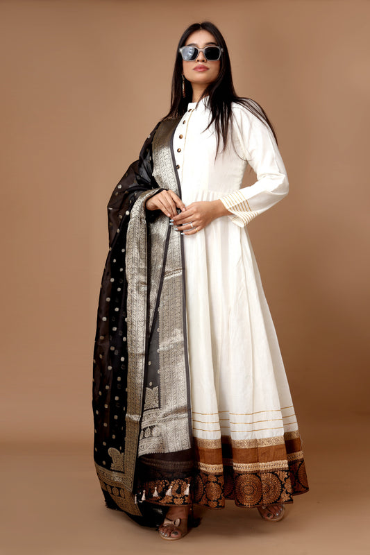 Classic Chanderi Silk Anarkali with Banarasi Border and Kora Banarasi Dupatta