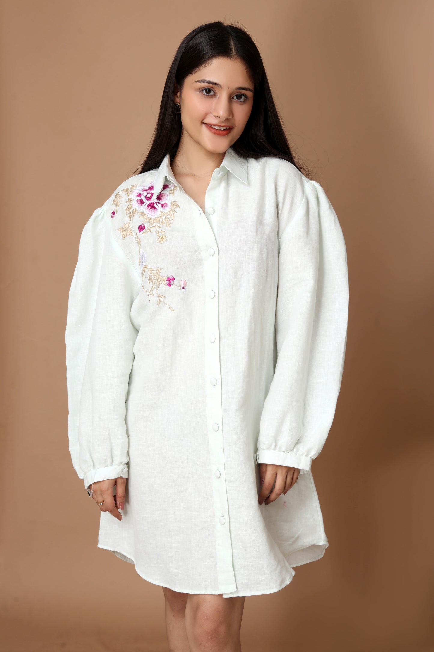 White Cotton-Linen Embroidered Shirt