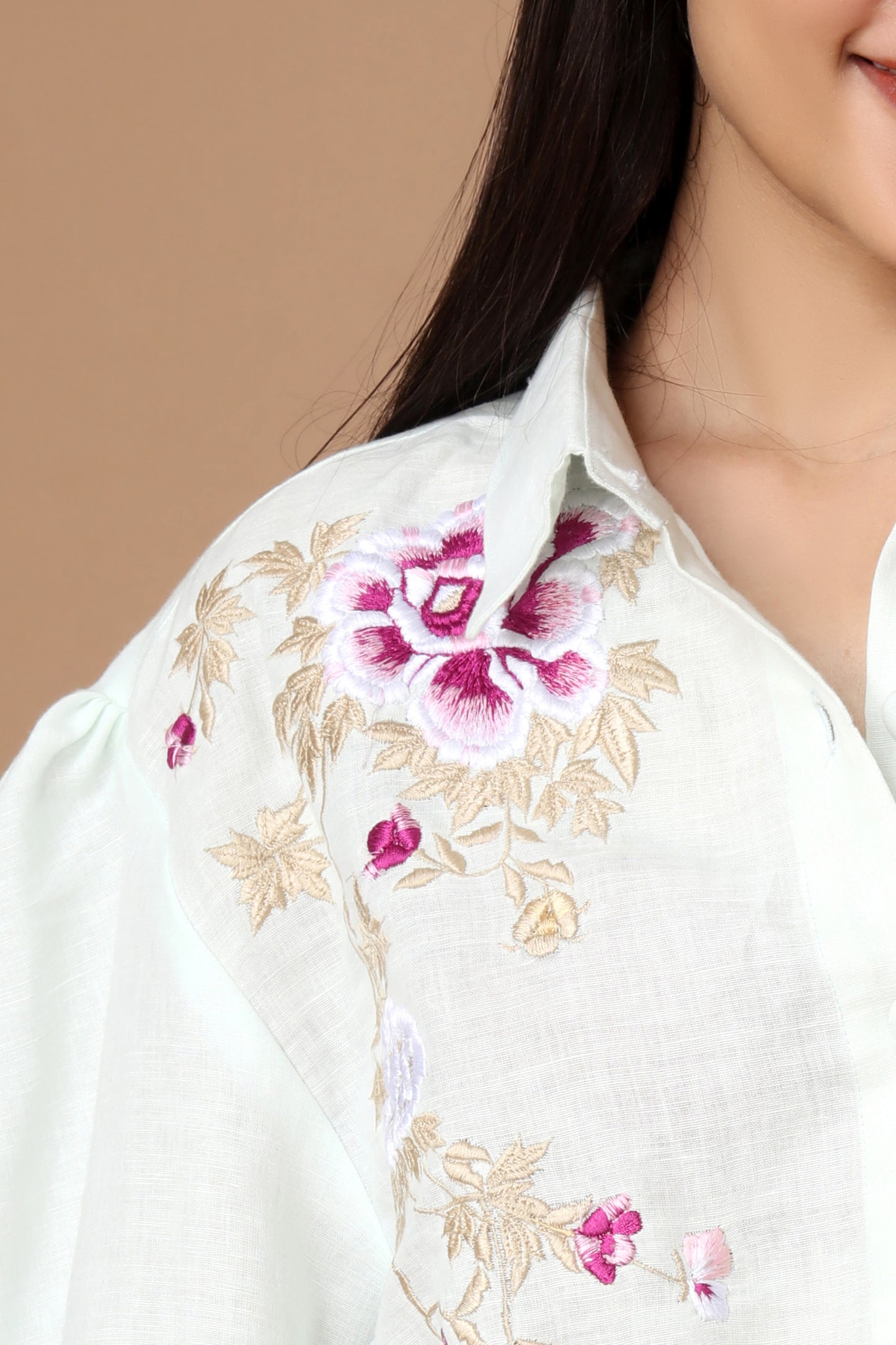 White Cotton-Linen Embroidered Shirt