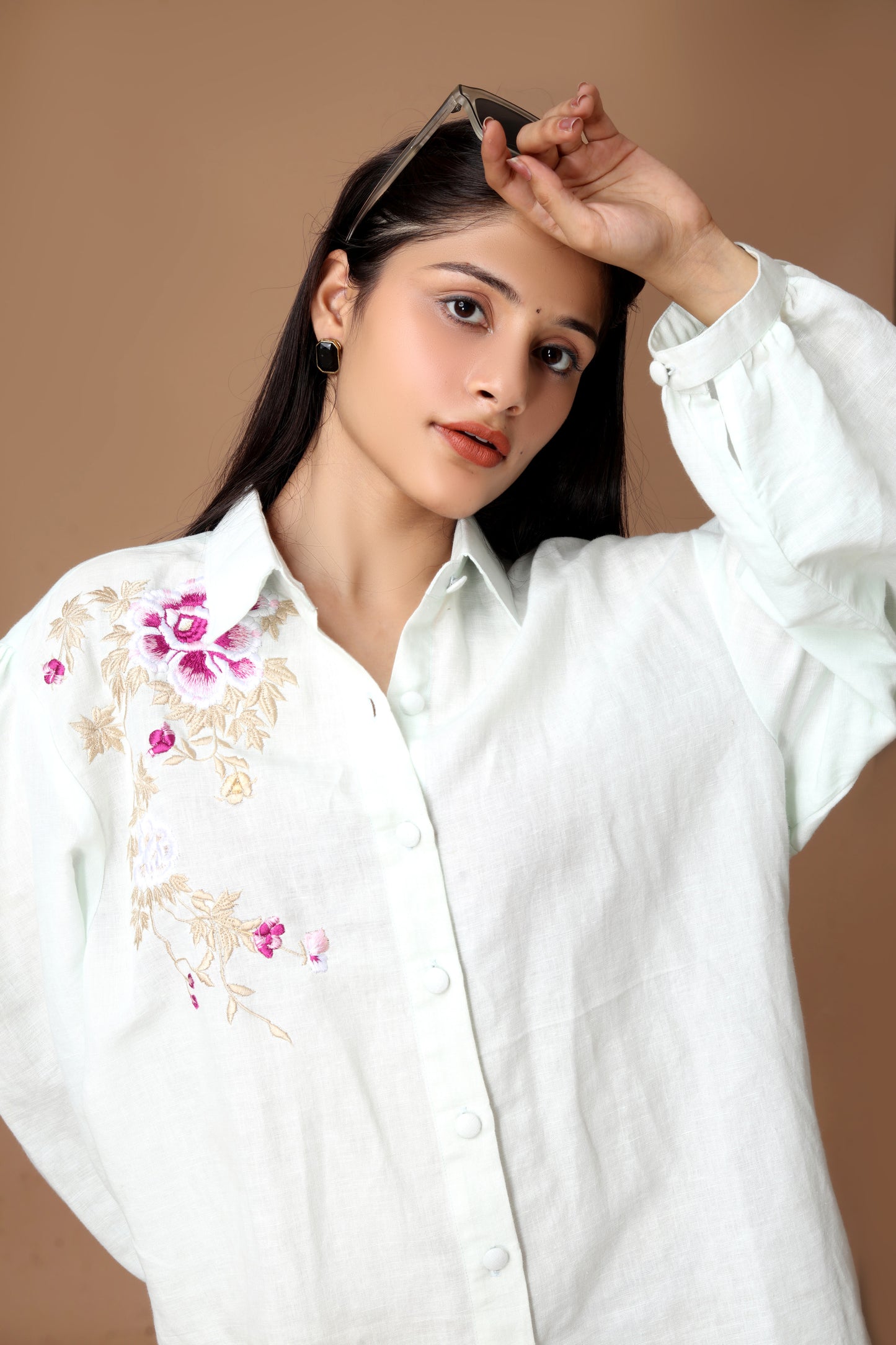 White Cotton-Linen Embroidered Shirt