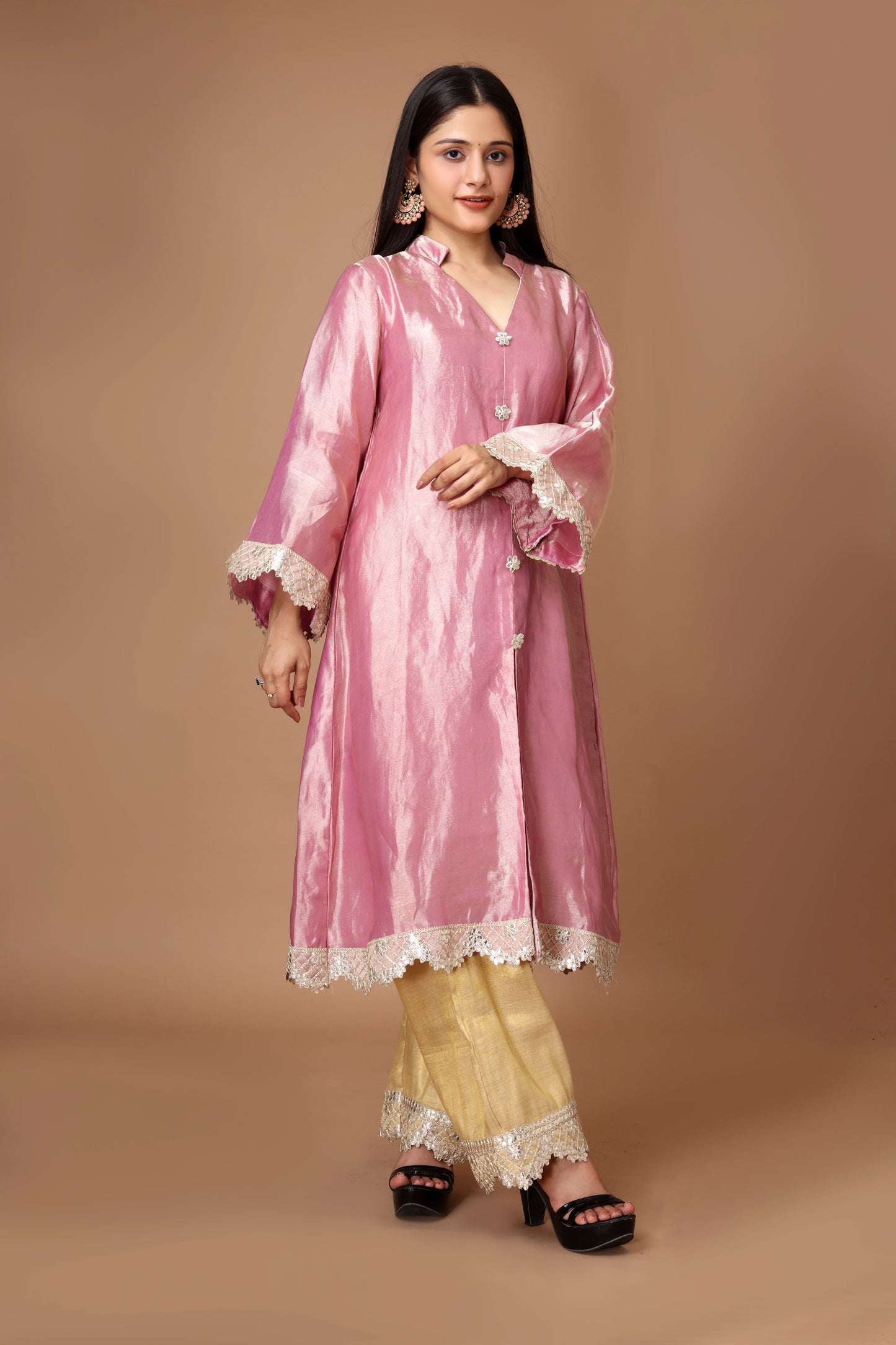 Tissue Silk Banarasi Kurta Set in Onion Pink and Gold