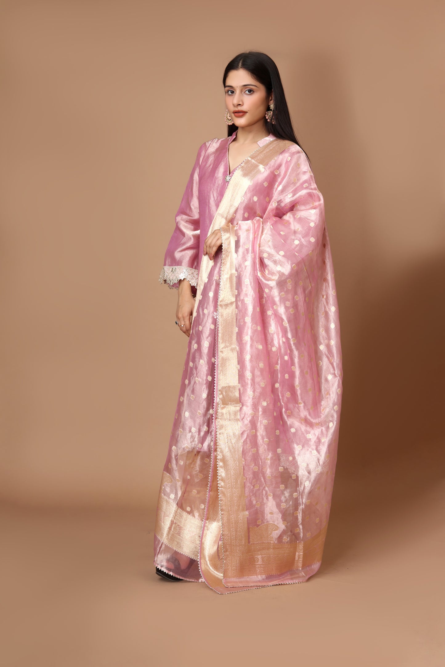 Tissue Silk Banarasi Kurta Set in Onion Pink and Gold