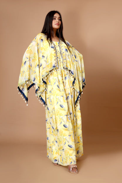 Lemon Yellow Georgette Jumpsuit with Short Cape and Sea Shell Embroidery