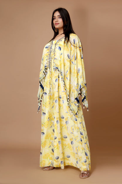 Lemon Yellow Georgette Jumpsuit with Short Cape and Sea Shell Embroidery