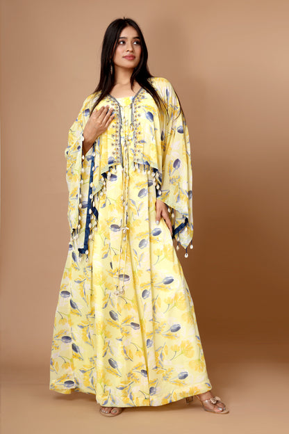 Lemon Yellow Georgette Jumpsuit with Short Cape and Sea Shell Embroidery