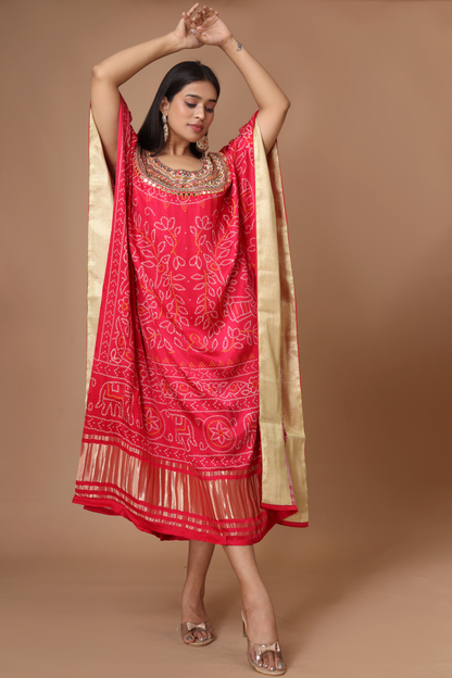 Hand-Embroidered Fuchsia Kaftan in Modal Satin with Mirror and Resham Work