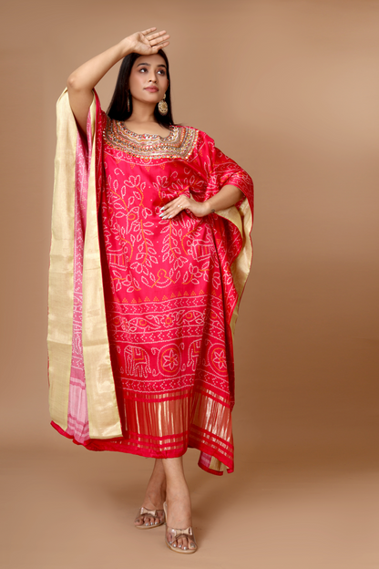 Hand-Embroidered Fuchsia Kaftan in Modal Satin with Mirror and Resham Work