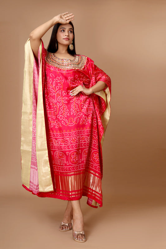 Fuchsia Modal Satin Kaftan with Hand-Embroidered Mirror and Resham Beads