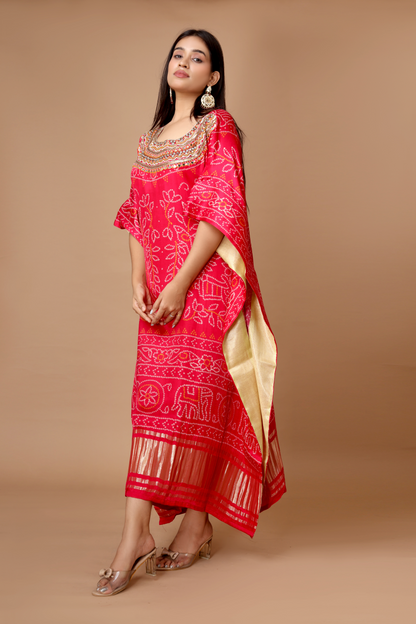 Hand-Embroidered Fuchsia Kaftan in Modal Satin with Mirror and Resham Work