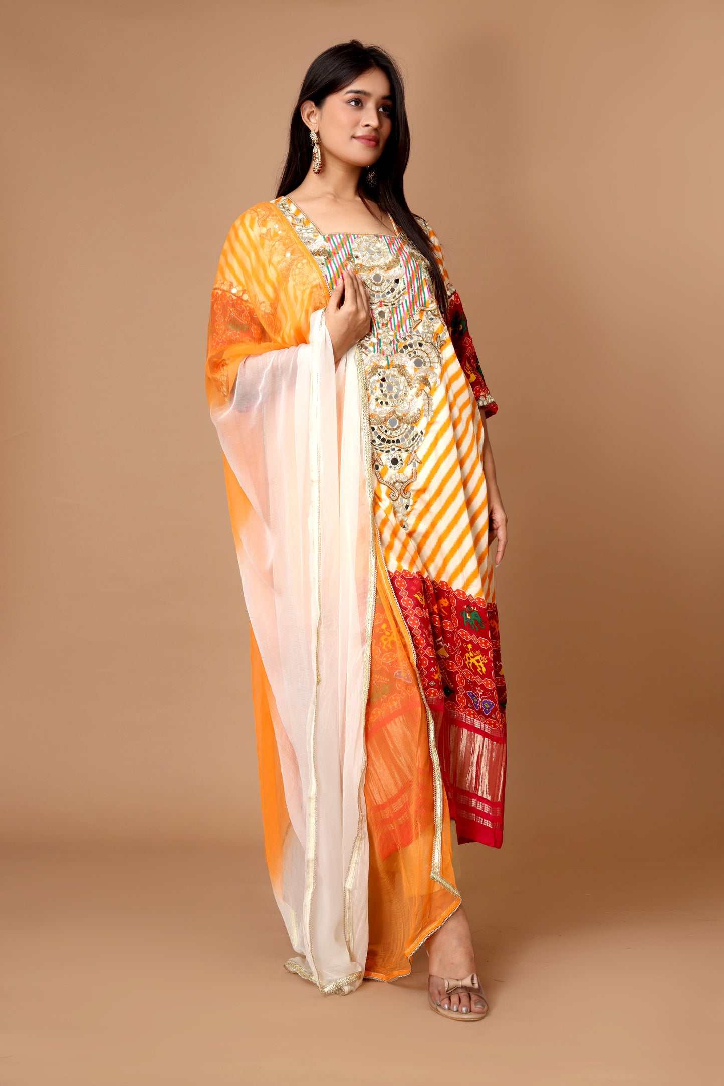 Off-White Modal Satin Kurta Set with Hand-Embroidered Mirror Work & Shifon Dupatta